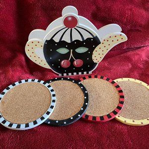 MARY ENGELBREIT Set of 4 Wooden Coasters with Wooden Teapot Holder